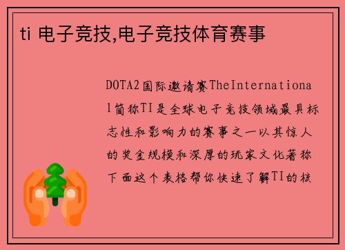 ti 电子竞技,电子竞技体育赛事